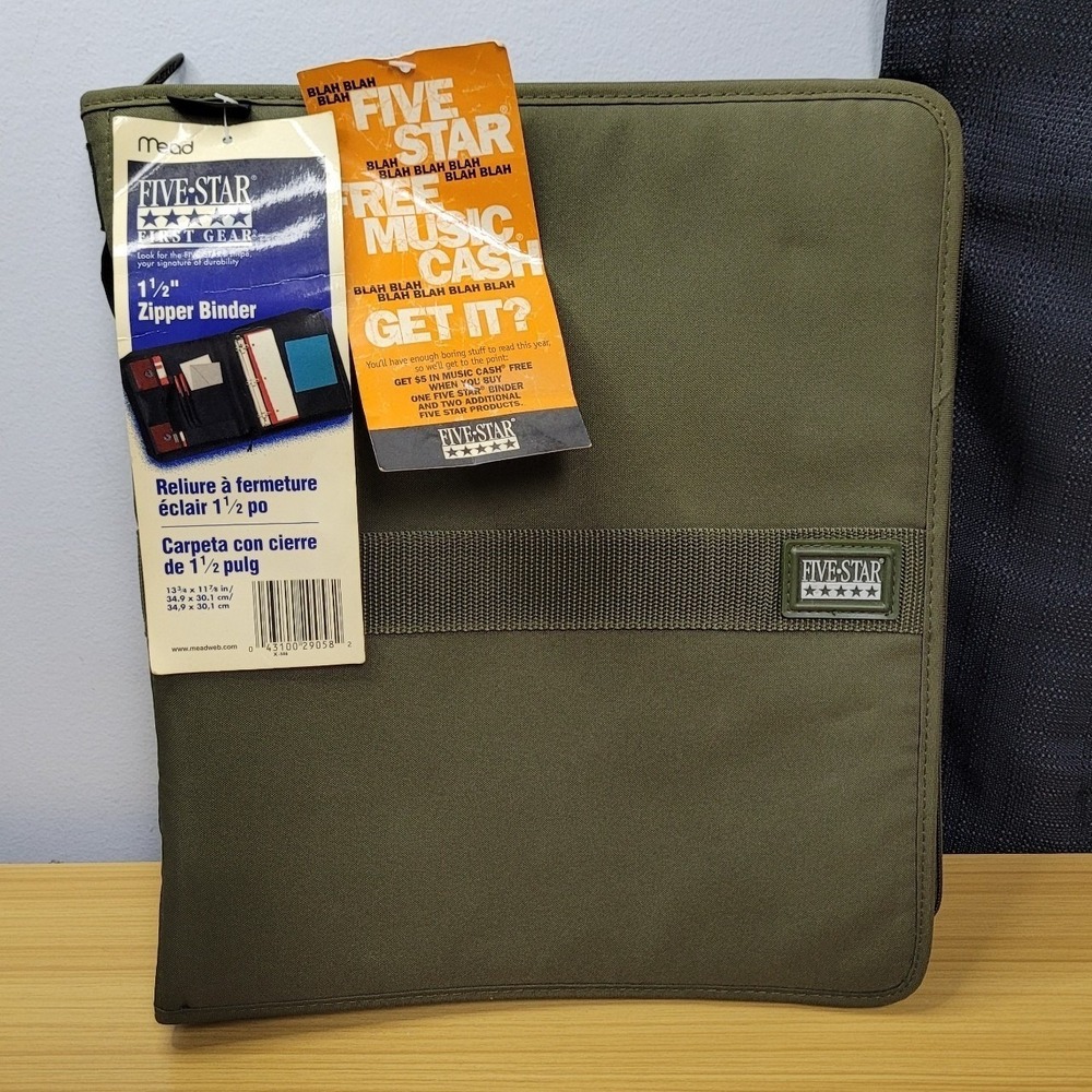 Vintage Mead Five Star First Gear‎ Zipper Binder 3 Ring 1.5" Army Green New